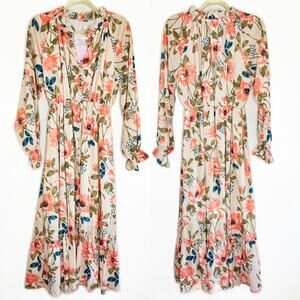 NWT Arthur Jane Claire Ruffle Neck Floral Long Sleeve Button Up Midi Dress Large